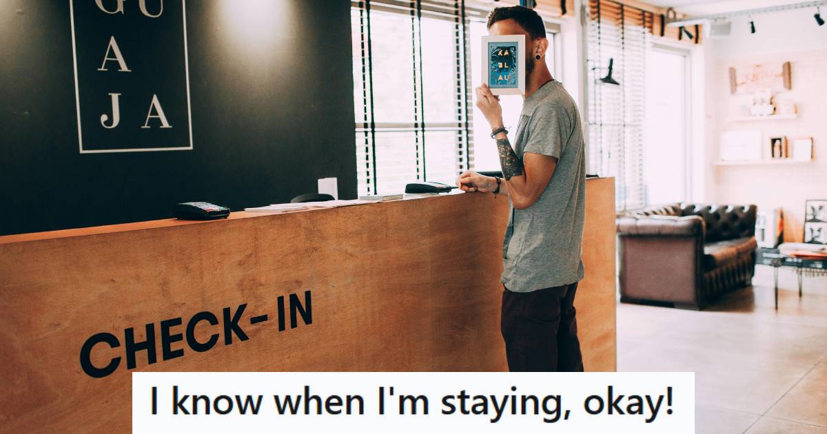 Man standing at the front desk, embarrassed because he couldn't admit he was wrong