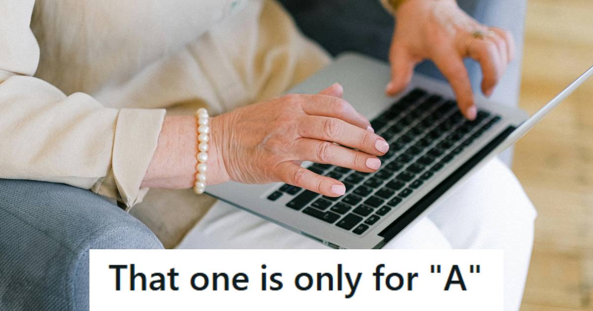 Older lady using a laptop to type while not knowing the keyboard layout