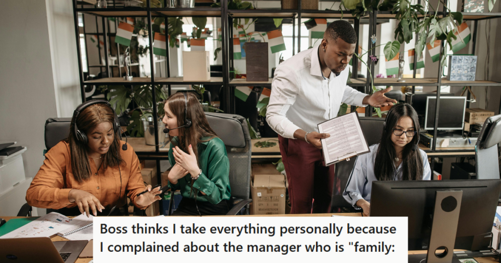 Chaotic office with three women and a man