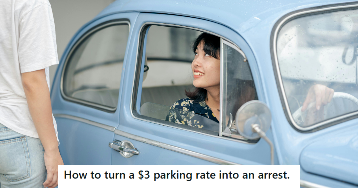 Woman peeking out of a blue car