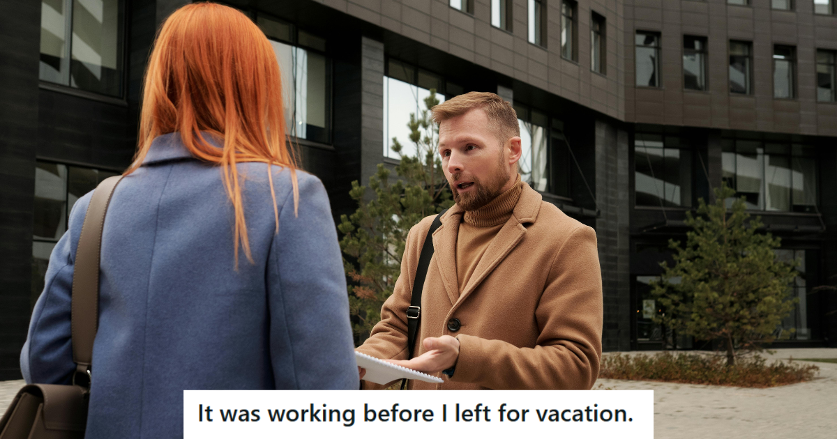 Man in brown coat taking to a woman
