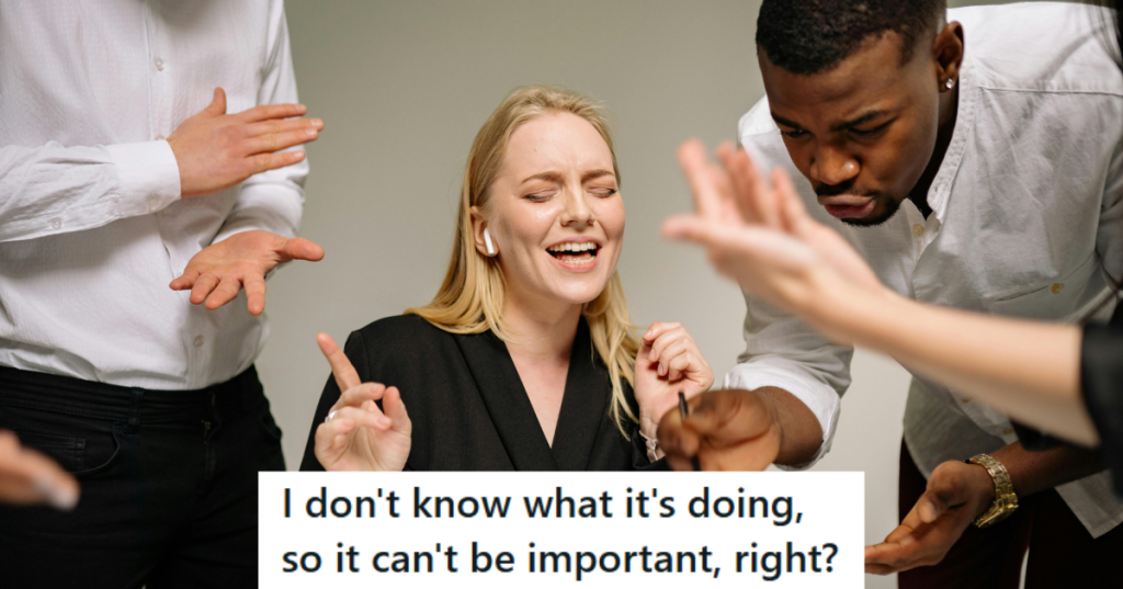 Woman in black outfit being angry in office