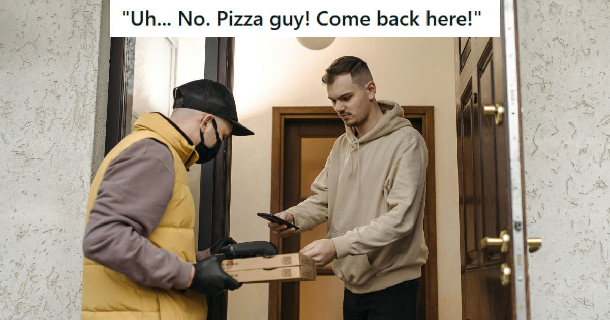 Man collecting pizza from delivery guy