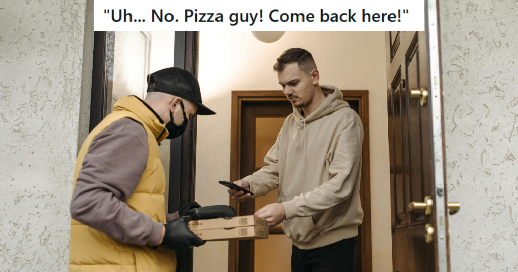Man collecting pizza from delivery guy