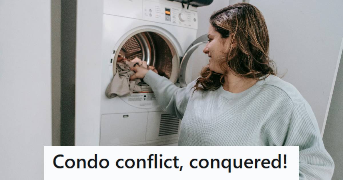 Woman smiling as she does laundry because it bothers her neighbor