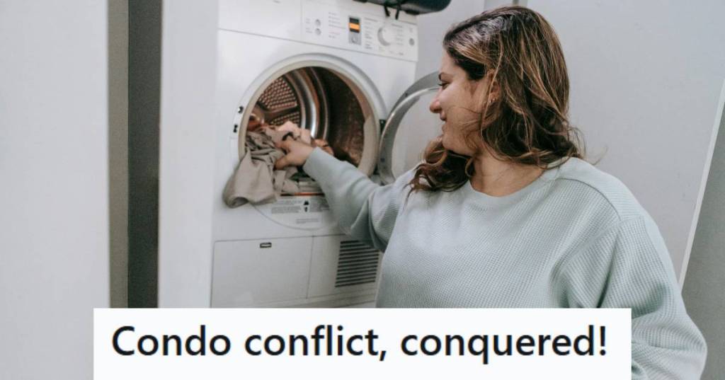 Woman smiling as she does laundry because it bothers her neighbor