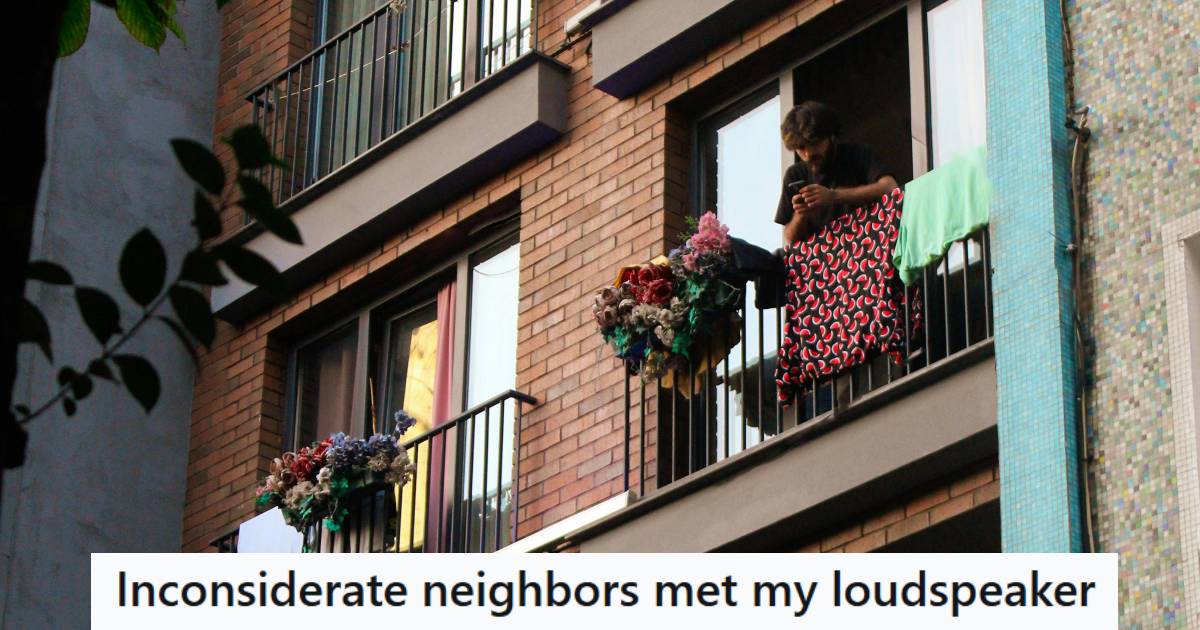 Man standing on his balcony trying to get away from his loud neighbors