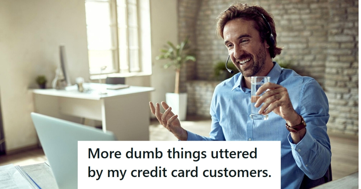 Credit Card Customer Service Rep Tries To Keep A Straight Face During His Job, But Its A Daily Struggle Due To All The Wild Questions Man laughing at his desk