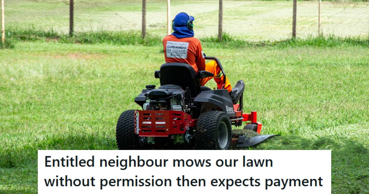 Lawn company owner using his ride-on mower to cut his neighbor's lawn without permission