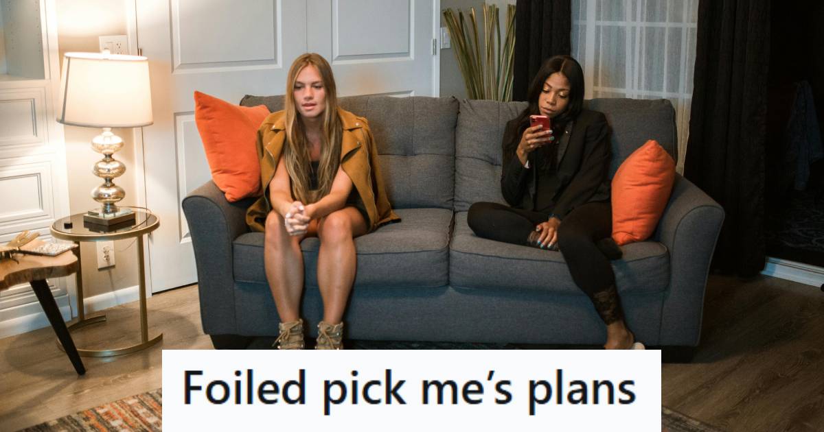 Two women sitting on the couch awkwardly because one is a pick-me