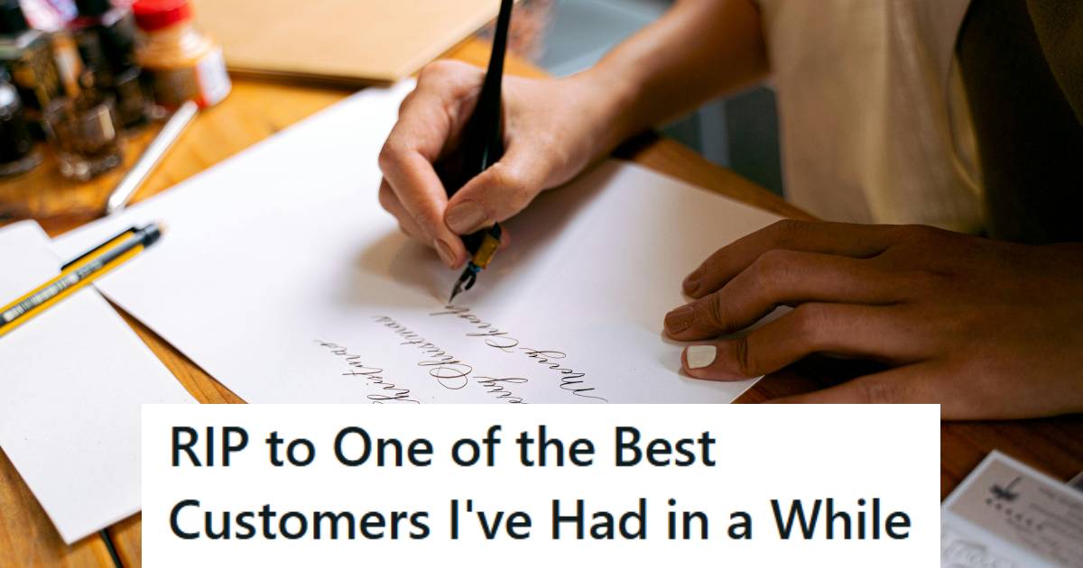 Woman sitting at her desk, penning a letter to a deceased customer