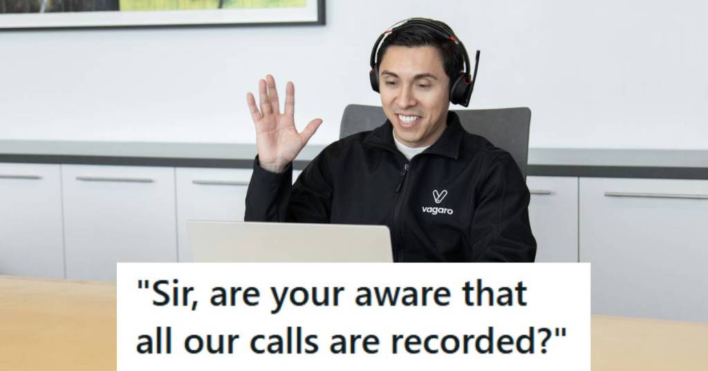 Man in call center smiling because the client is such an idiot