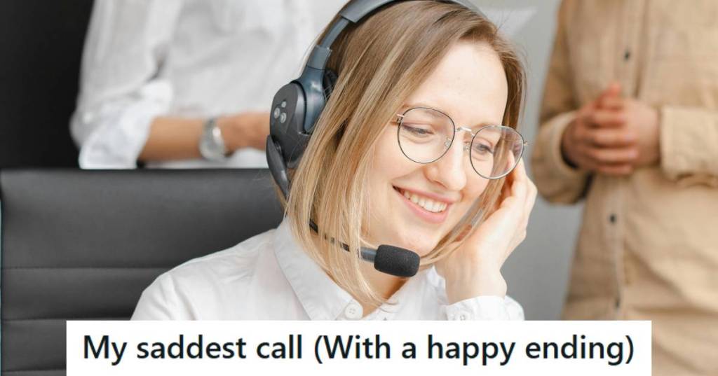 Woman with a headset smiling as she works at a call center