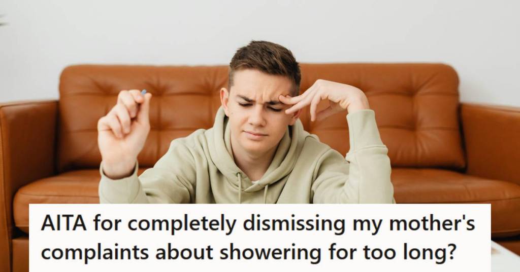 Teen boy sitting in the floor listening to his mom yell over his showers