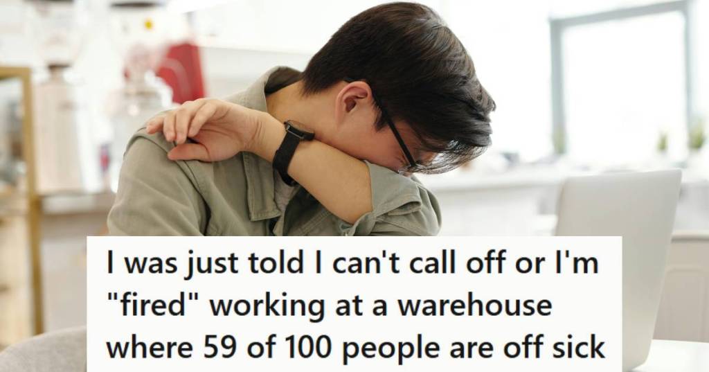 Man coughing into his elbow because he's at work and sick