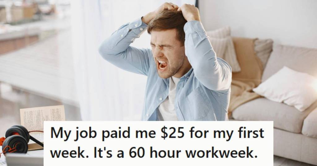 Man sitting at his desk angry because his pay check was much smaller than expected