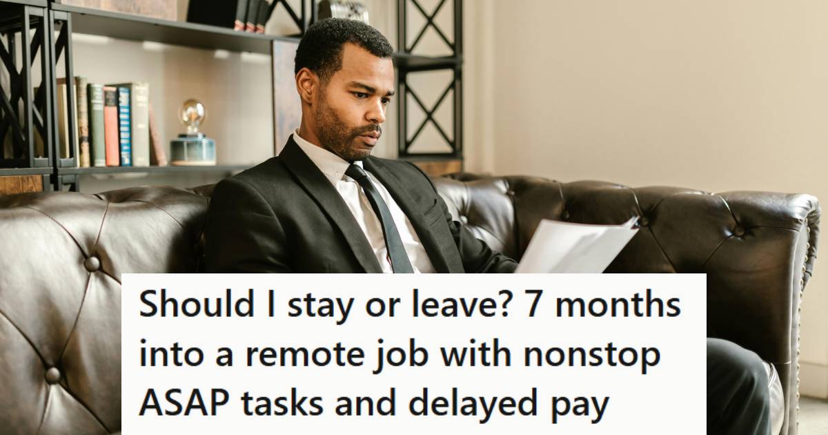 Man sitting on his couch, looking at documents thinking of what to do