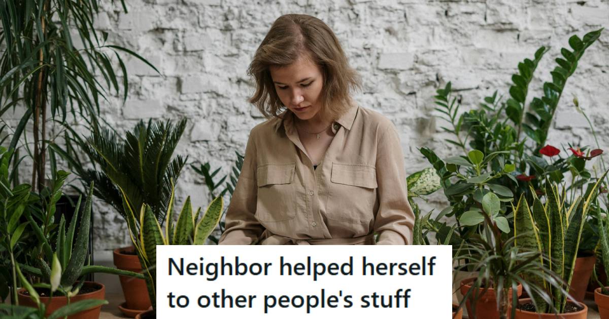 Woman sitting on the ground near all of the stolen flower pots
