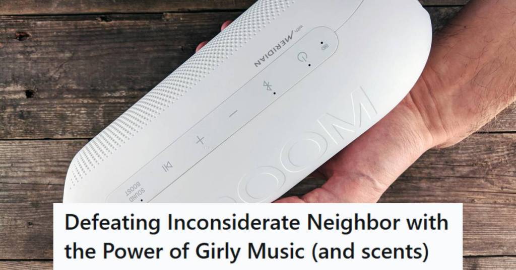 Person holding a portable Bluetooth speaker in their hand