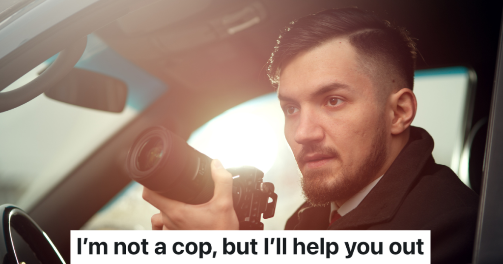 man with nice camera sitting in driver's seat of car