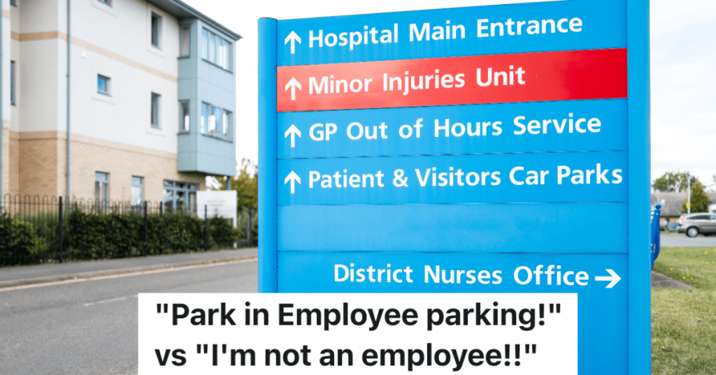 blue and red hospital sign directing traffic in parking lot