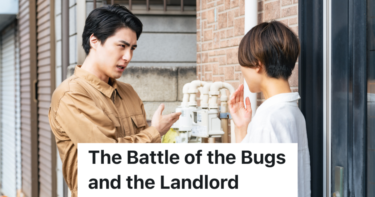 A Tenant Honestly Answers A Neighbors Question About Bugs In His Apartment, But The Landlord Has A Huge Problem With That man and woman talking outside a building