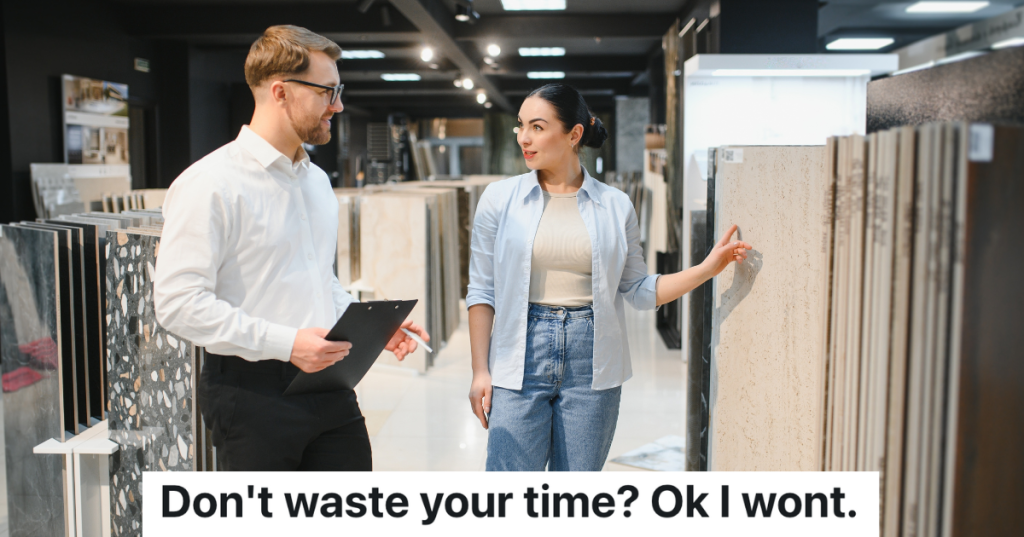 male employee talking to female customer