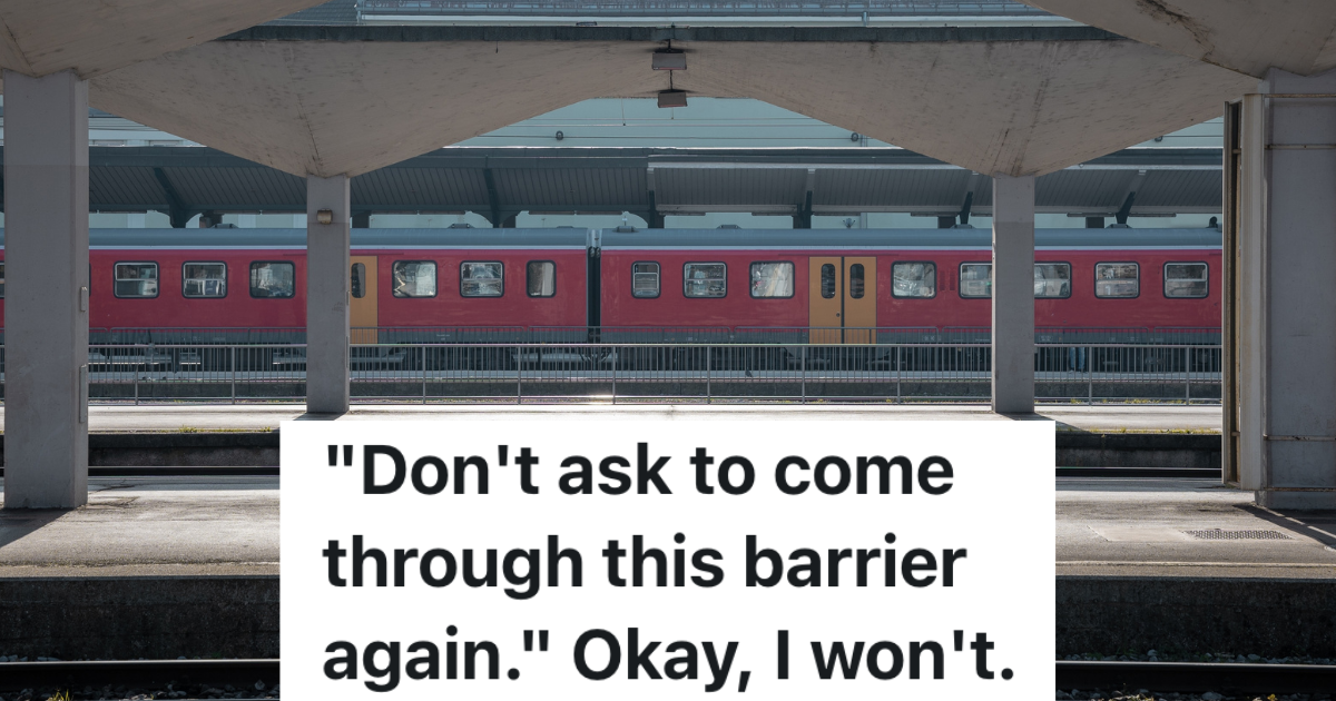 Commuter Desperately Needs To Use The Restroom After Working The Night Shift, But The Train Station Employee Wont Let Him Access The Restrooms passenger train on platform
