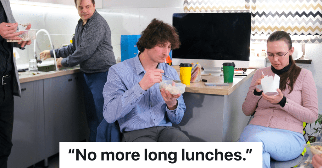 employees eating lunch in break room