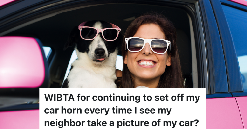 woman and dog in sunglasses in a pink car