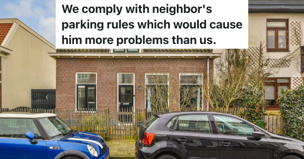 two cars parked on the street in front of a brick house