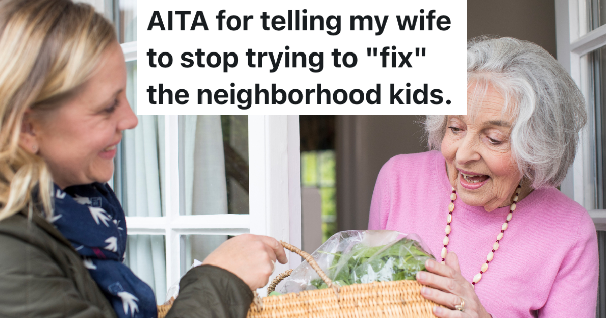 woman handing basket of food to elderly woman