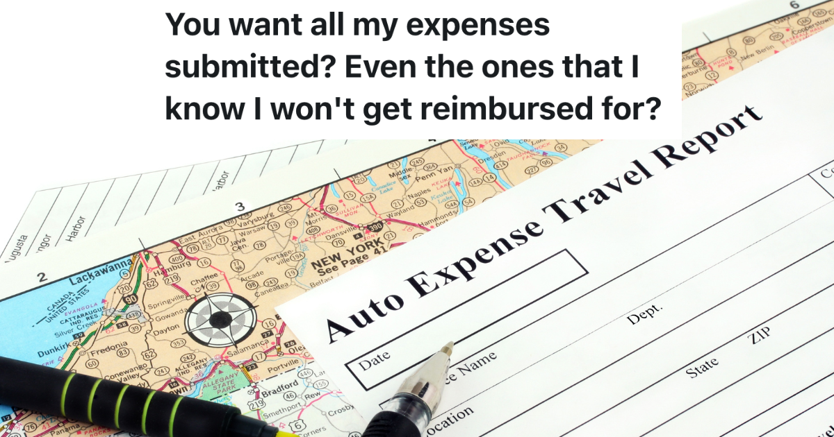 paper on top of map that reads "auto expense travel report"