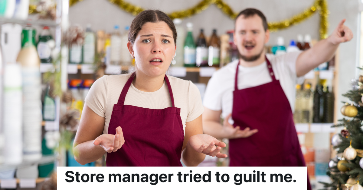 male retail worker upset at confused female retail worker