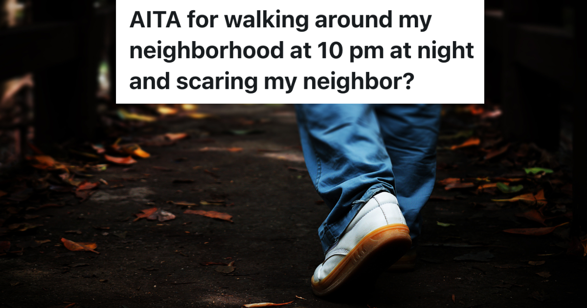 Homeowner Likes To Walk Around His Rural Neighborhood In The Dark At Night, But He Accidentally Scared A Neighbor While Doing So closeup of man's shoes as he walks on a dark path at night