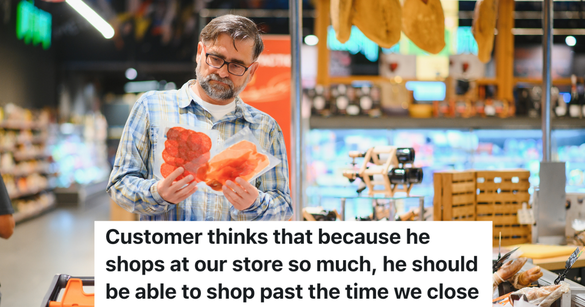 older man comparing packages of meat in a supermarket