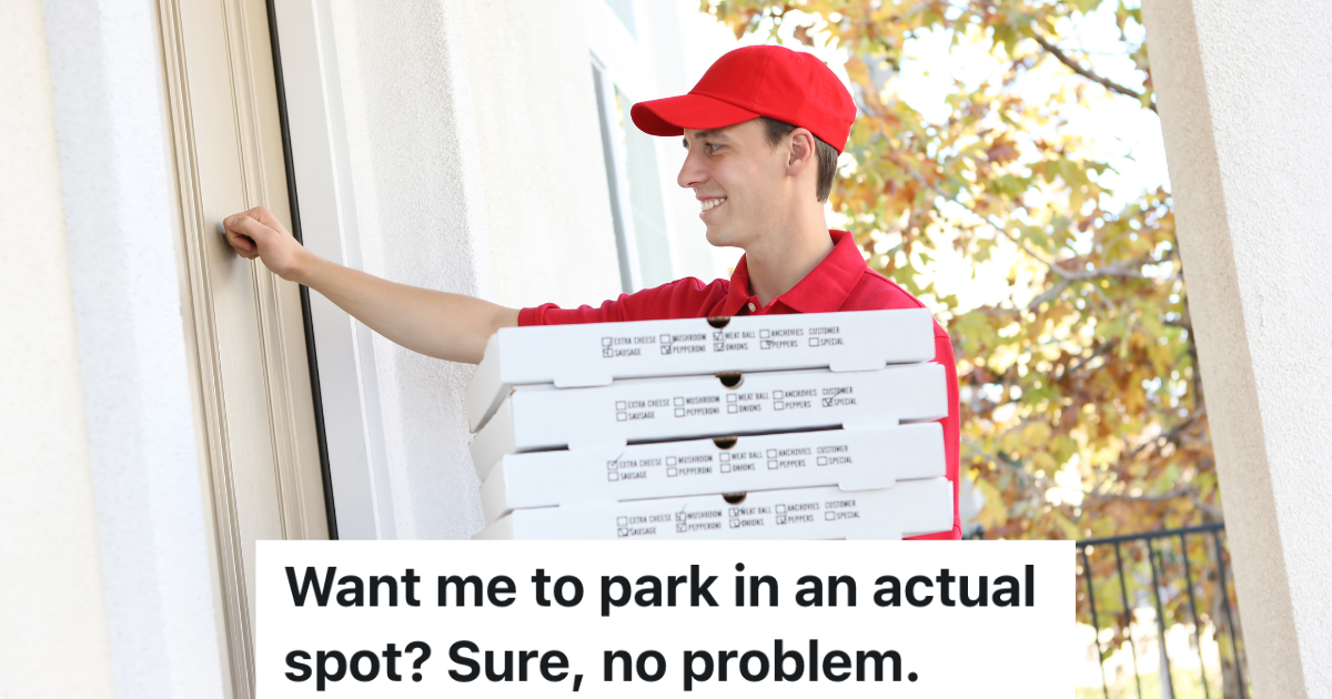 pizza delivery man knocking on door while holding 4 pizza boxes