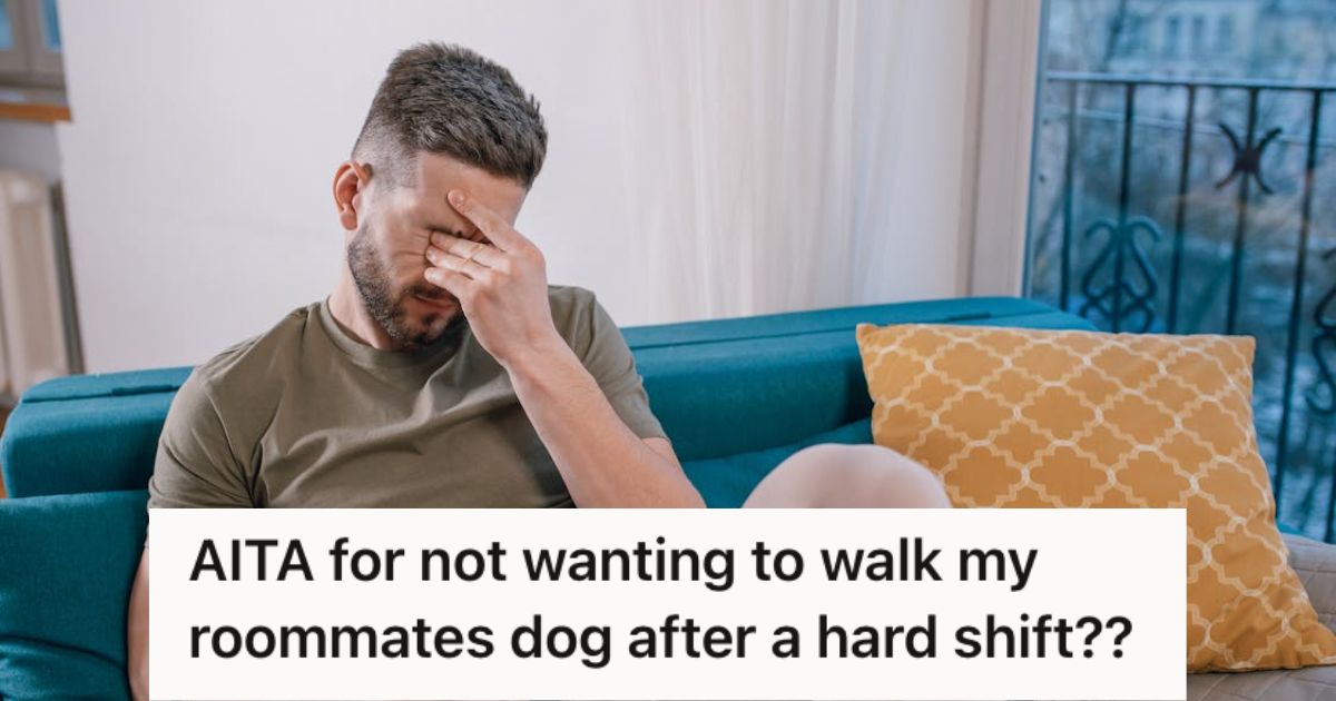 Tired man sitting on the couch and closing his eyes with his hand