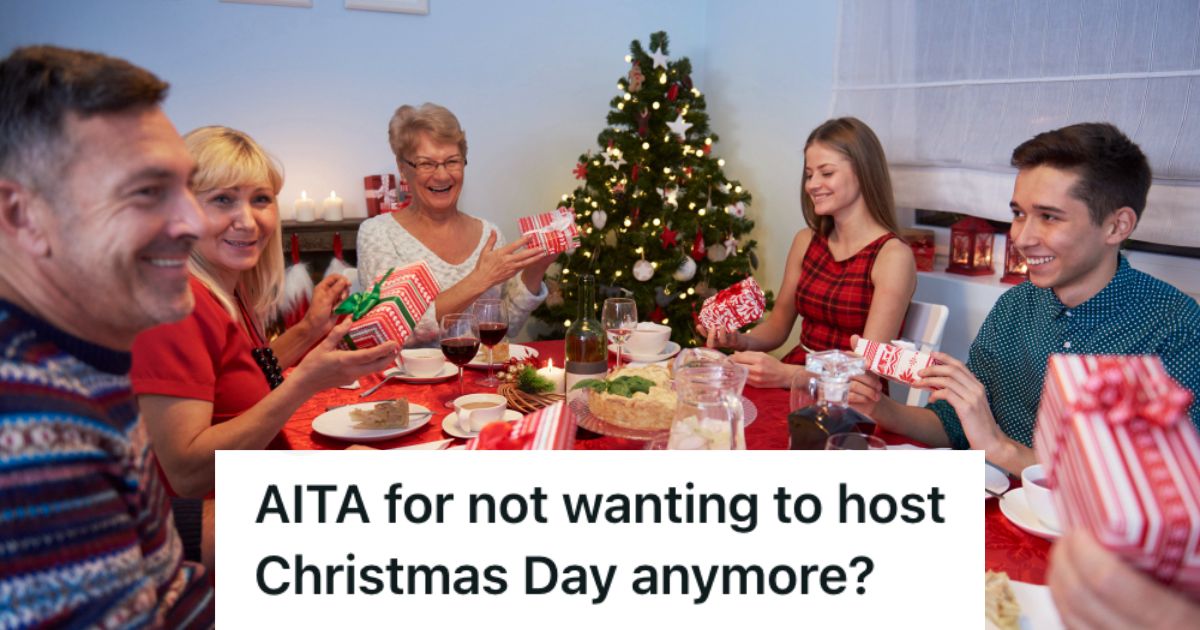 Family having dinner and exchanging Christmas gifts