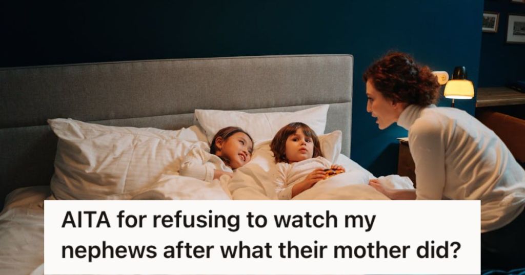 Woman putting two young children to sleep on their bed