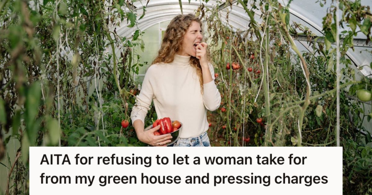 Woman eating a tomato in a greenhouse