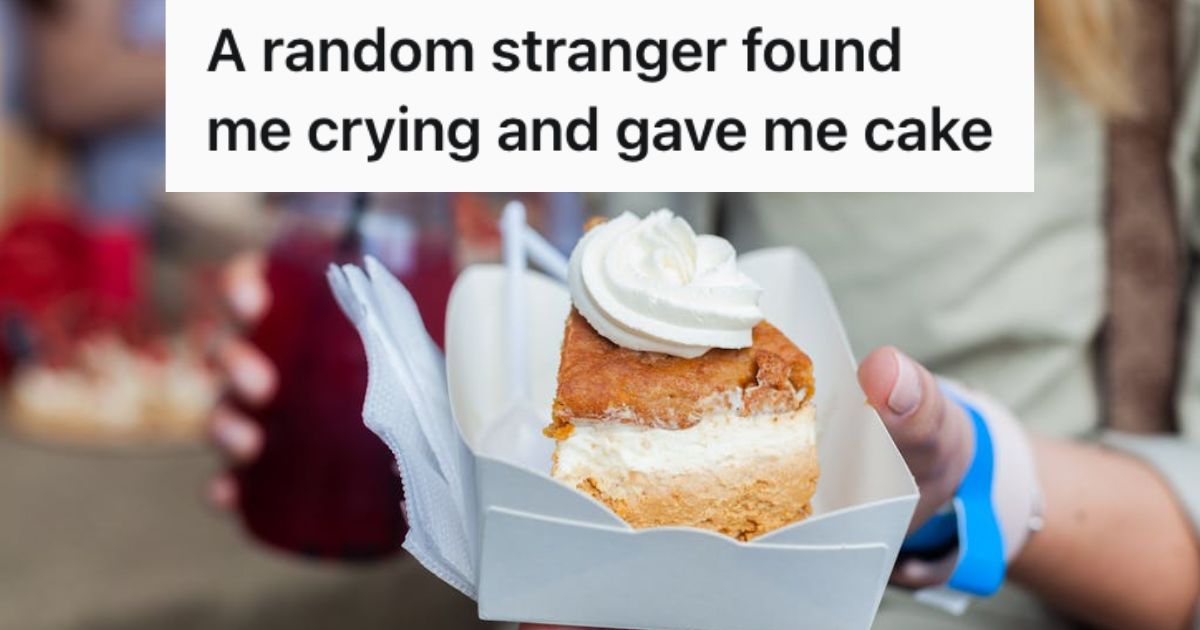 Person carrying a slice of cake and some drinks