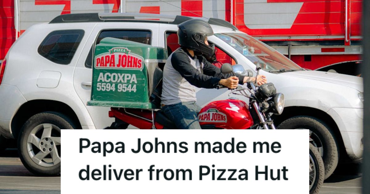 Pizza delivery guy riding a Papa John's delivery motorcycle 