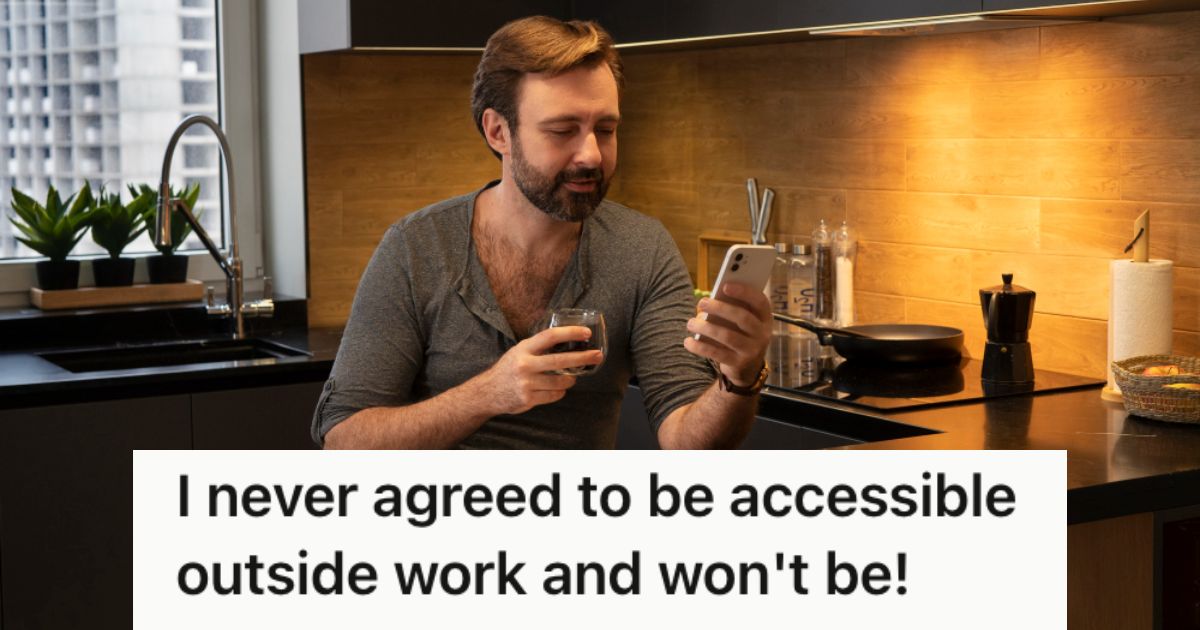 Employee Noticed How Having A Phone Makes One Reachable Even Outside Work Hours, So He Finally Decided To Push Back And Set Clear Boundaries Man holding a drink on his hand and his phone on the other hand