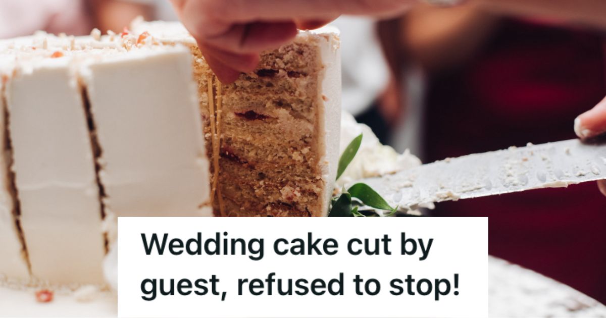 Groom Watched His Stepdaughter And Her Husband Cut His Wedding Cake Without Consent, And They Ignored Him When He Yelled At Them To Stop Person cutting the wedding cake