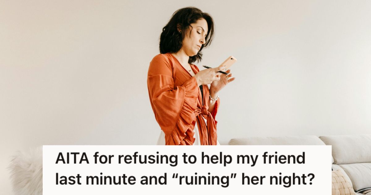 Woman in orange blouse texting on her phone