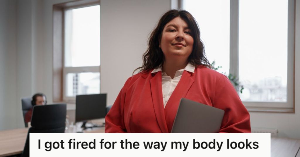 Chubby woman wearing red blazer and carrying a laptop