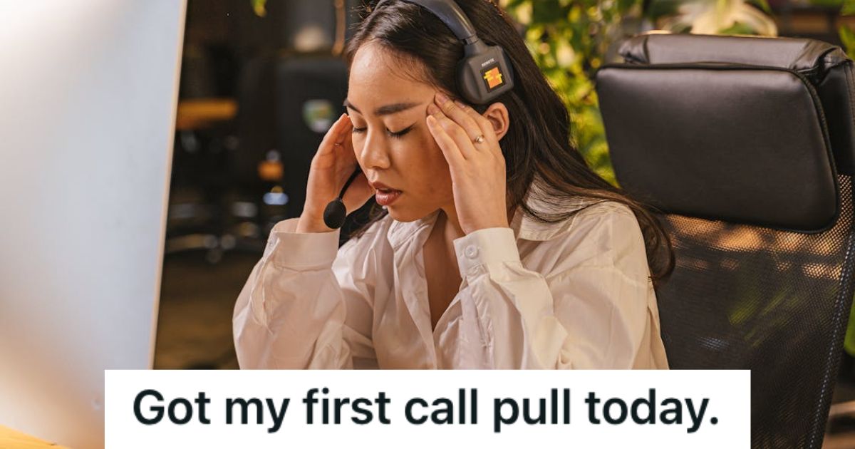 Stressed call center employee wearing headset