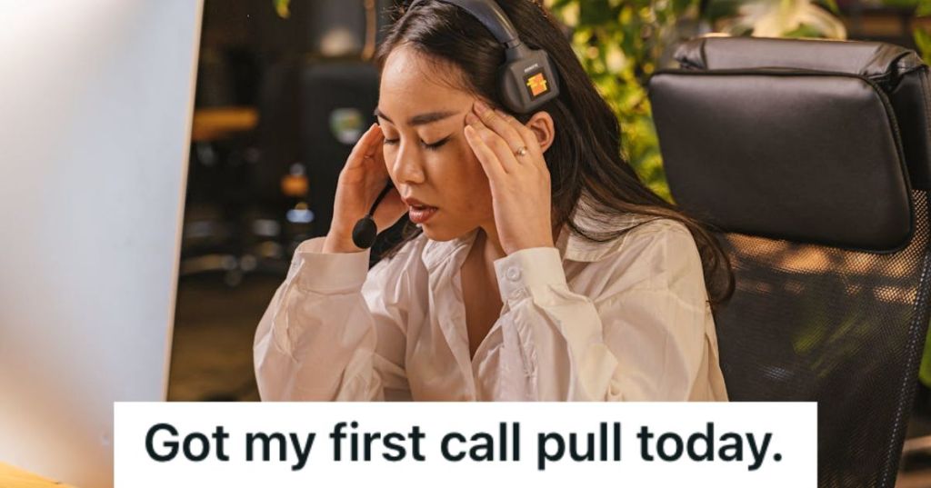 Stressed call center employee wearing headset
