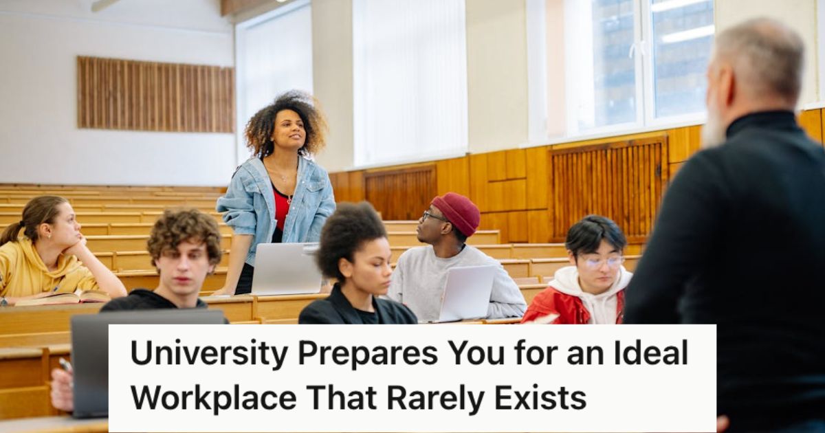 Person Talked About Ideal Workplace Theories Being Taught In Schools, But Real World Office Practices Offer A Whole Different Experience A college class where the professor is teaching some students